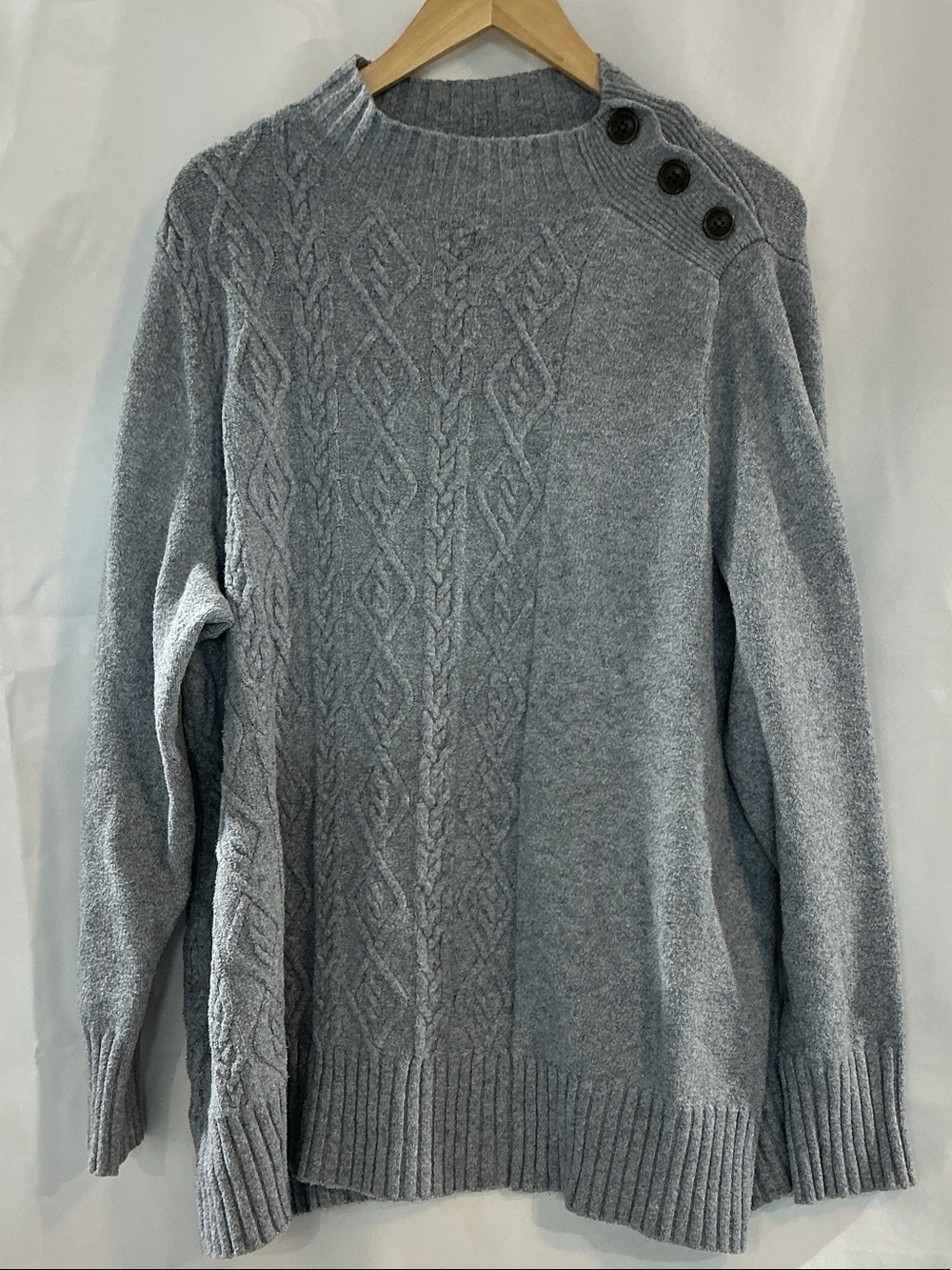 Jason Wu Heather Gray Cable Crewneck Sweater with Shoulder Buttons